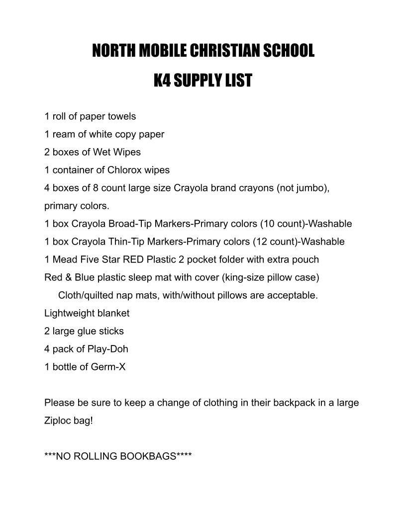 NMCS Supply List K2, K3 & K4
