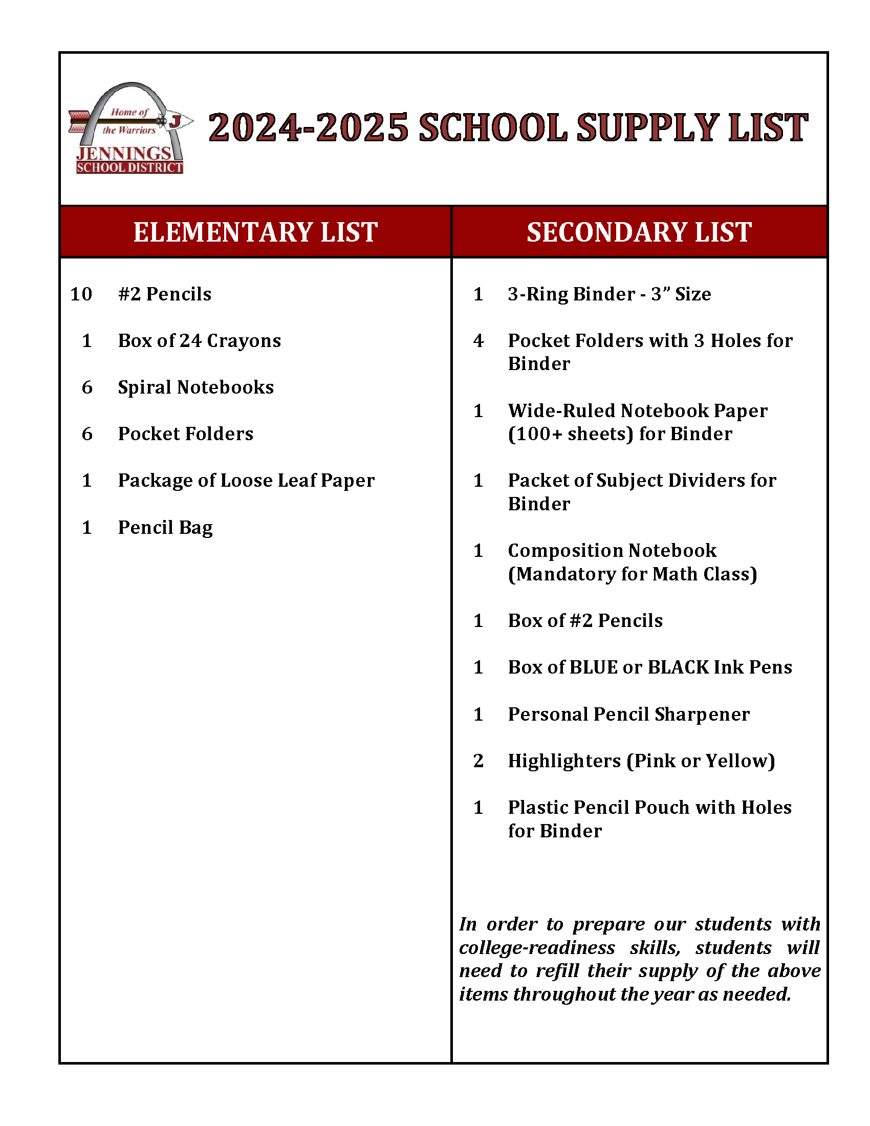 School Supply list