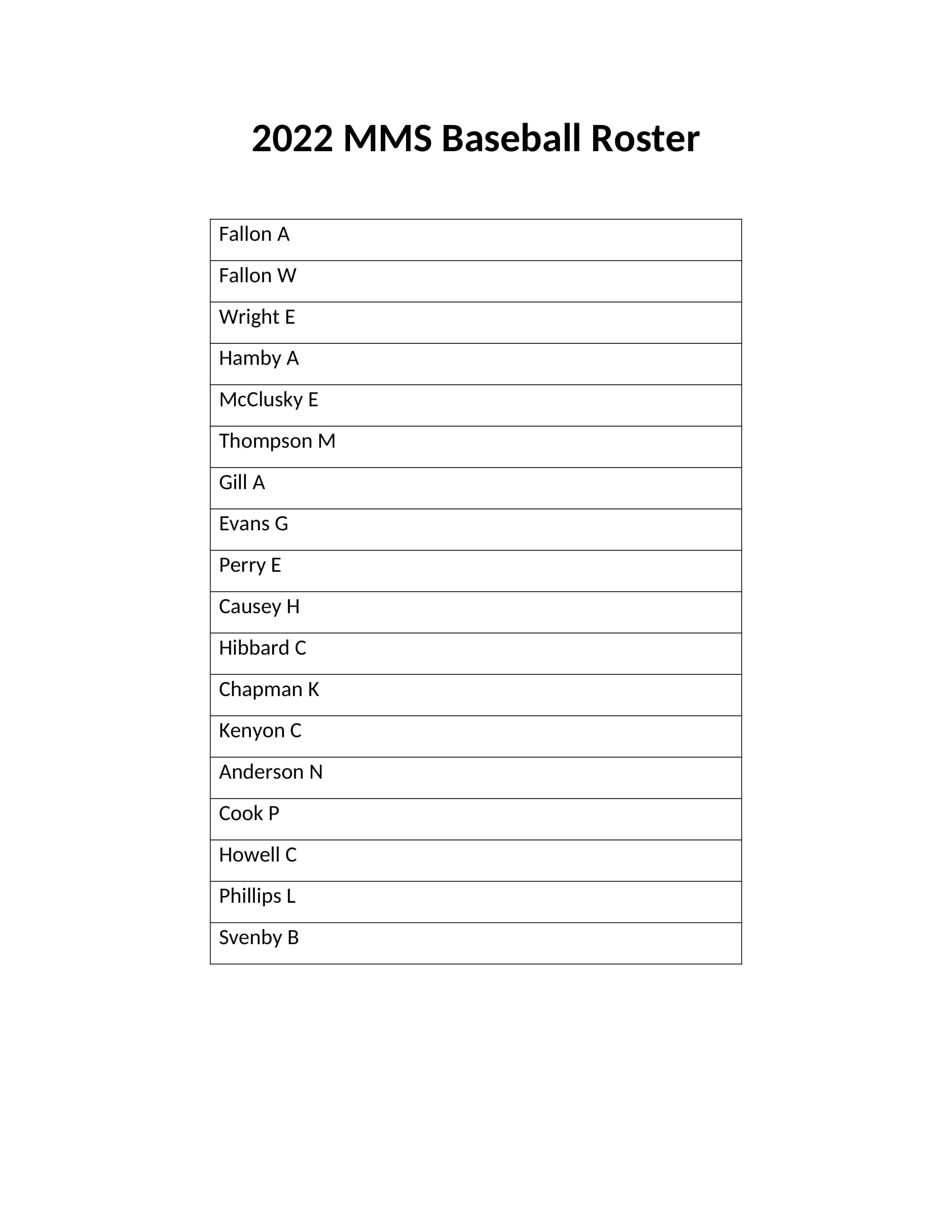 MMS Baseball Roster 2022