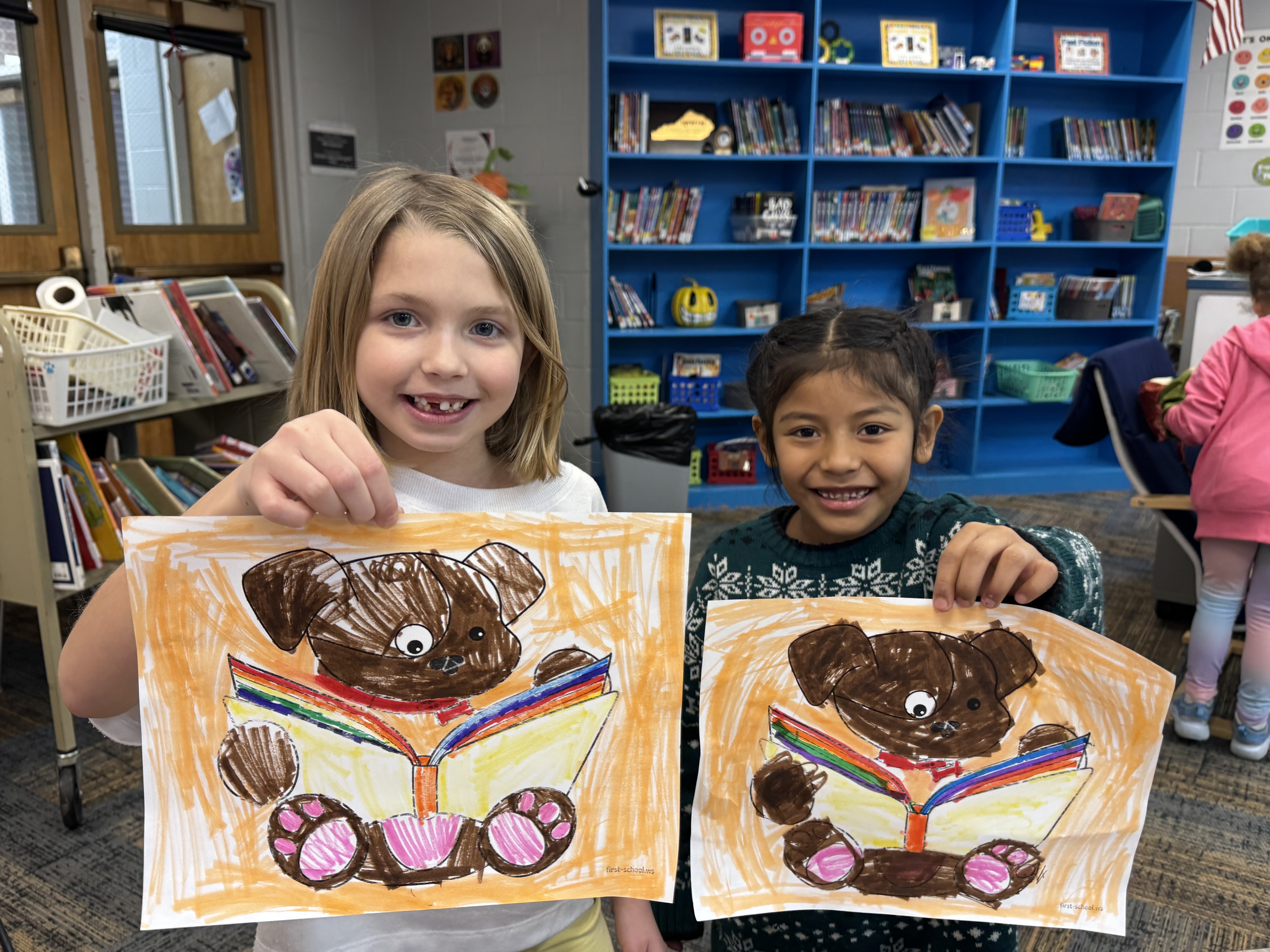 Students with coloring pages