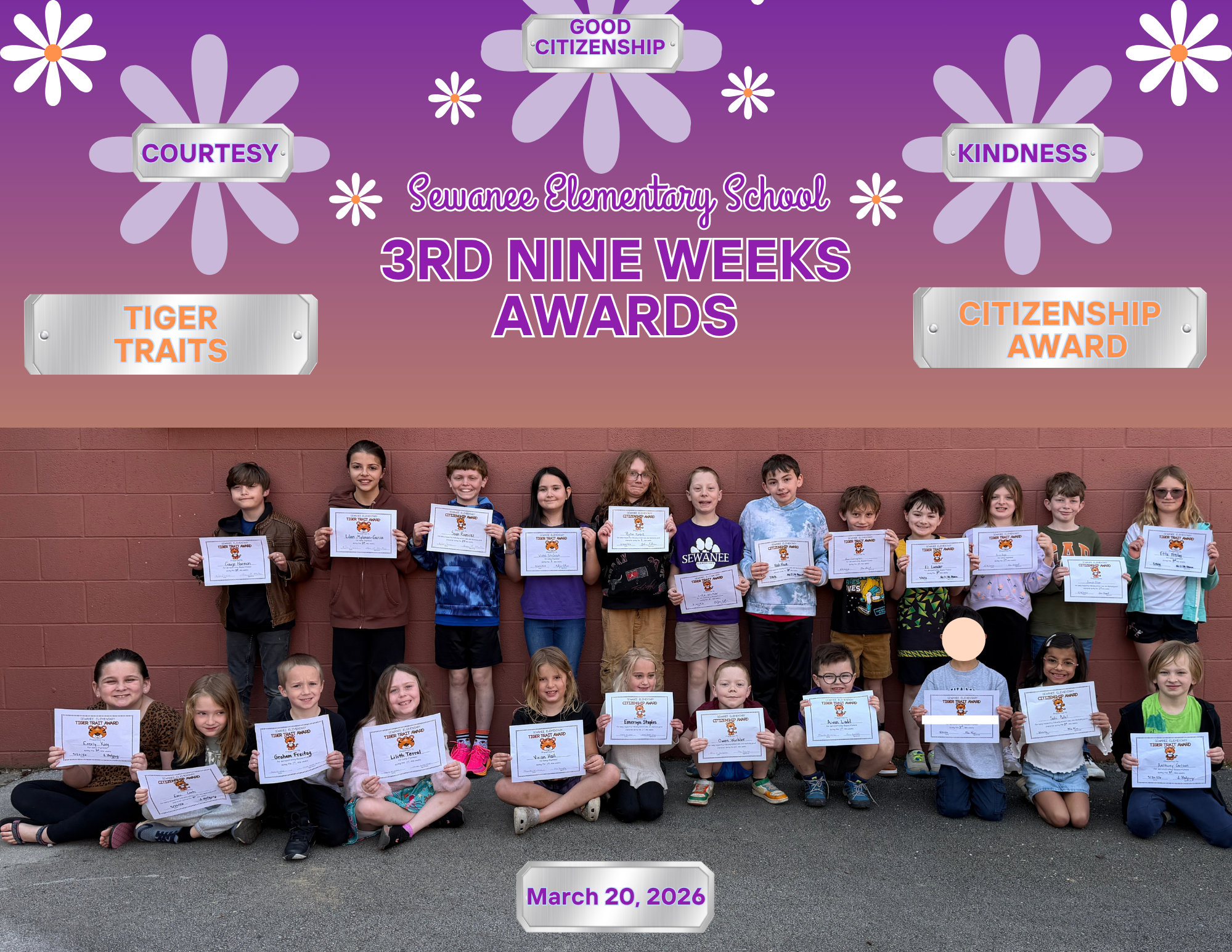 Sewanee Elementary School Tiger Traits and Citizenship Awards for Courtesy, Kindness, and Good Citizenship for the 3rd Nine Weeks - March 20, 2026