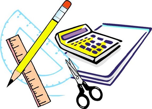 Ruler, pencil, calculator, paper, protractor