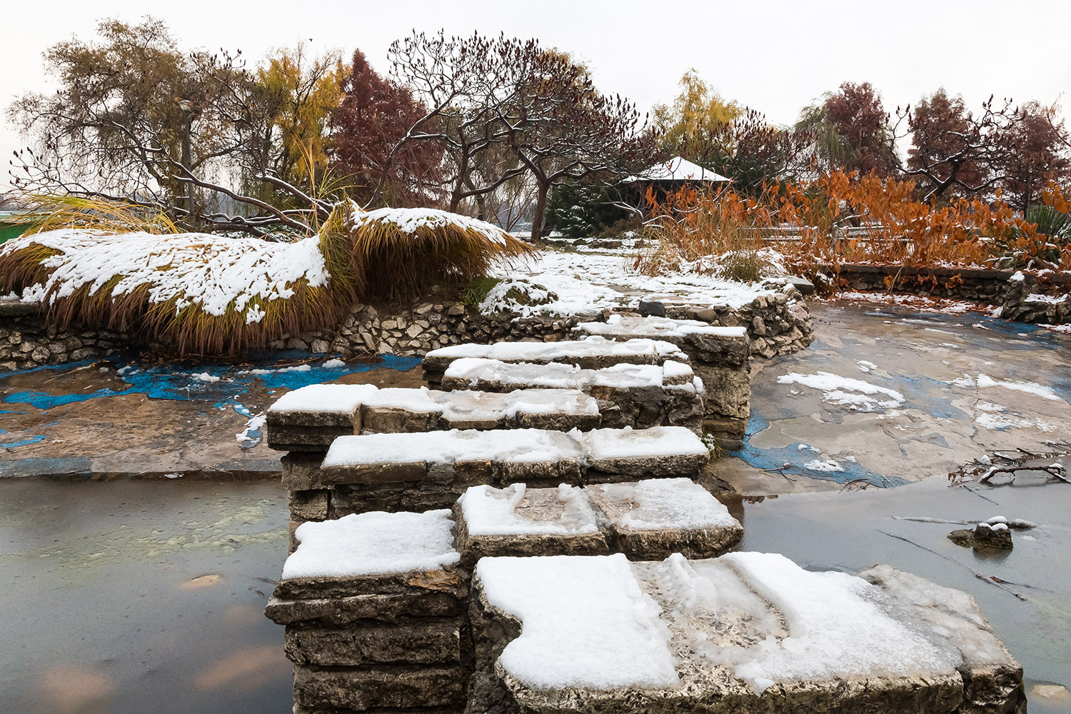 Stepping Stones first snow in winter