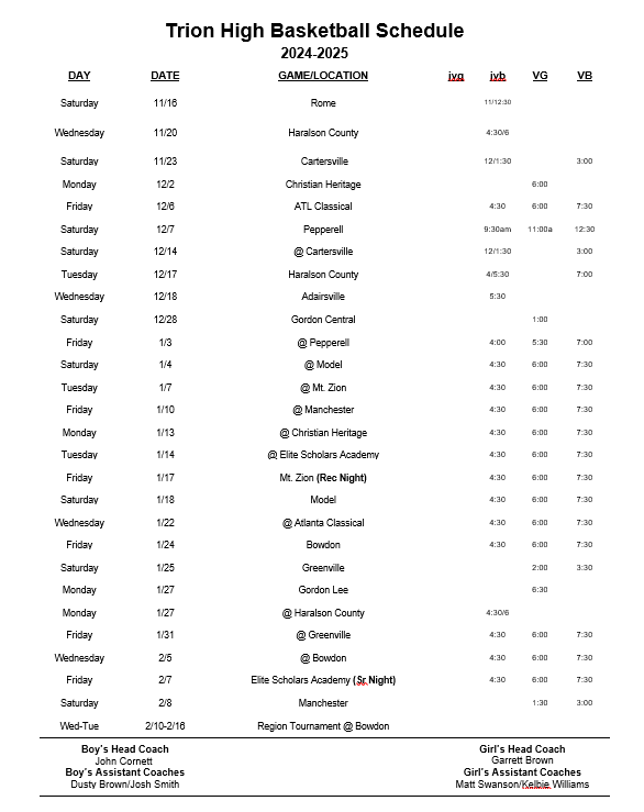 2024 THS BASKETBALL SCHEDULE AS OF 12.02.2024