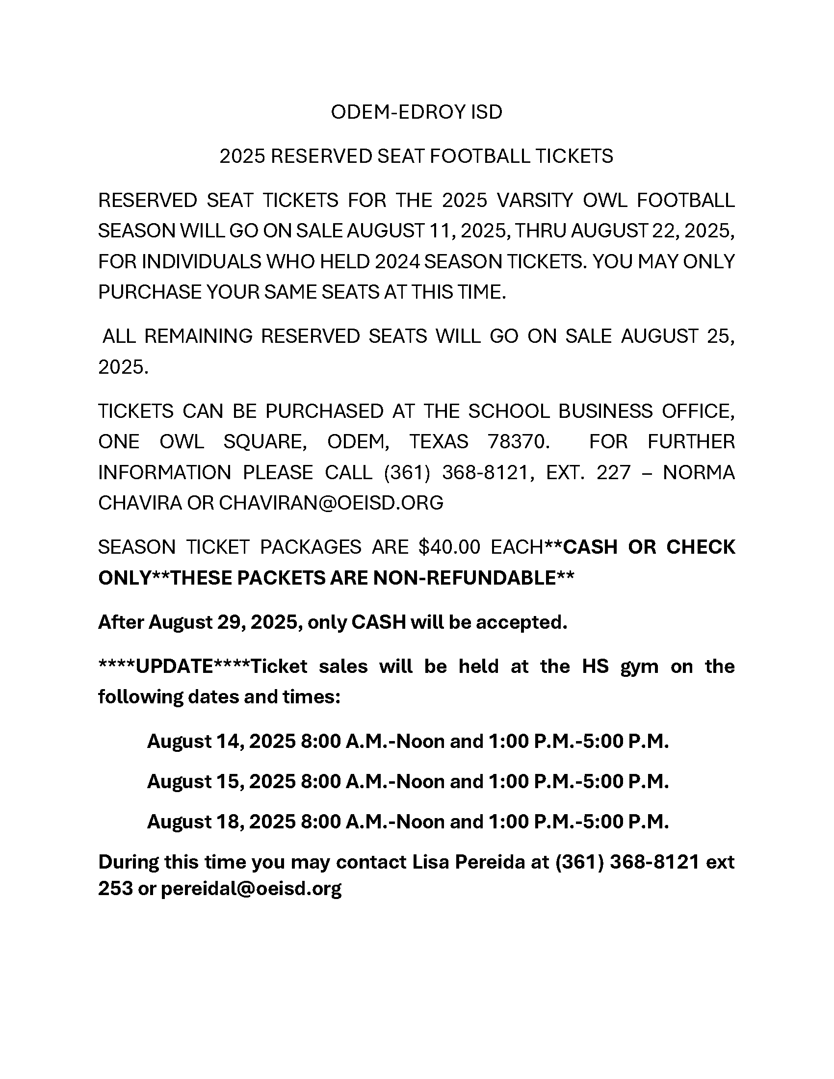 Reserved Seat Football Tickets-Going on Sale Flyer