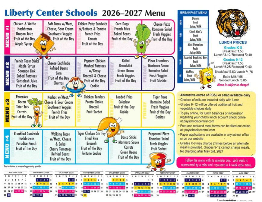screenshot of Liberty Center Schools 2026-2027 menu