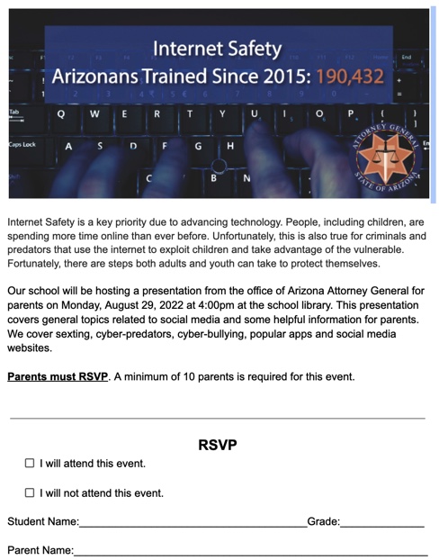 Inter Safety Training flyer with details including training date of 8/29/22 at 4pm in school library