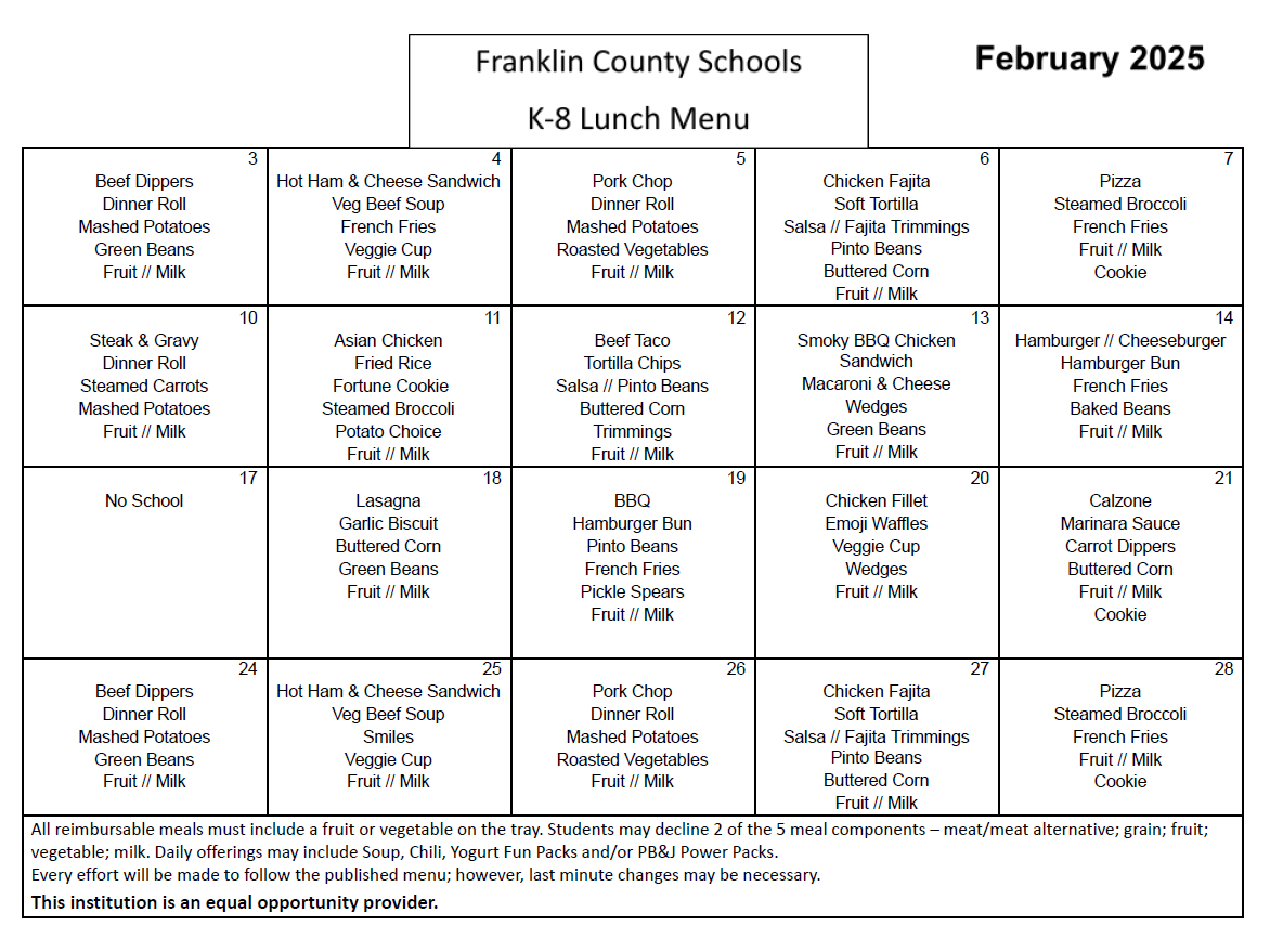 elementary lunch menu for February