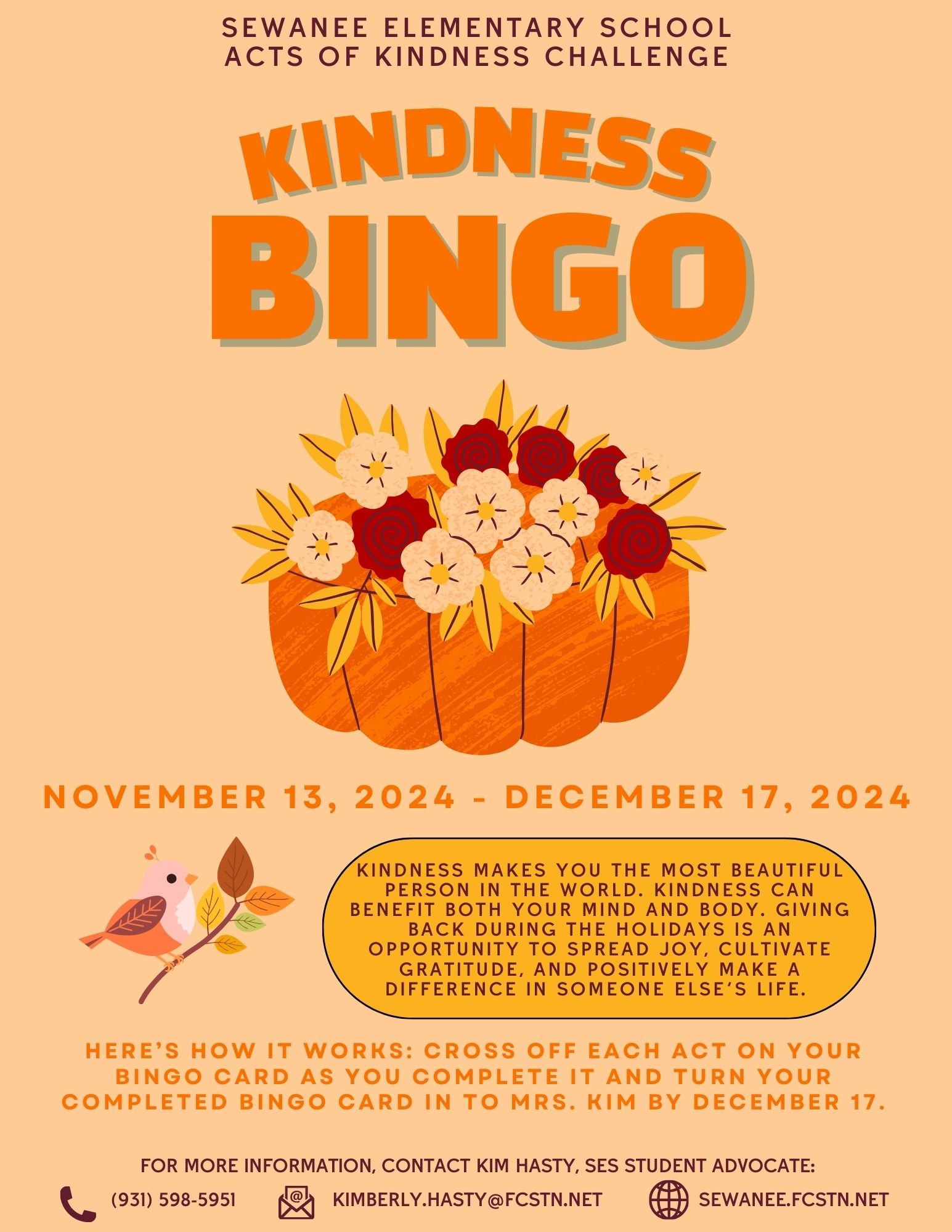 acts of kindess bingo flyer with a pumpkin filled with flowers and a bird