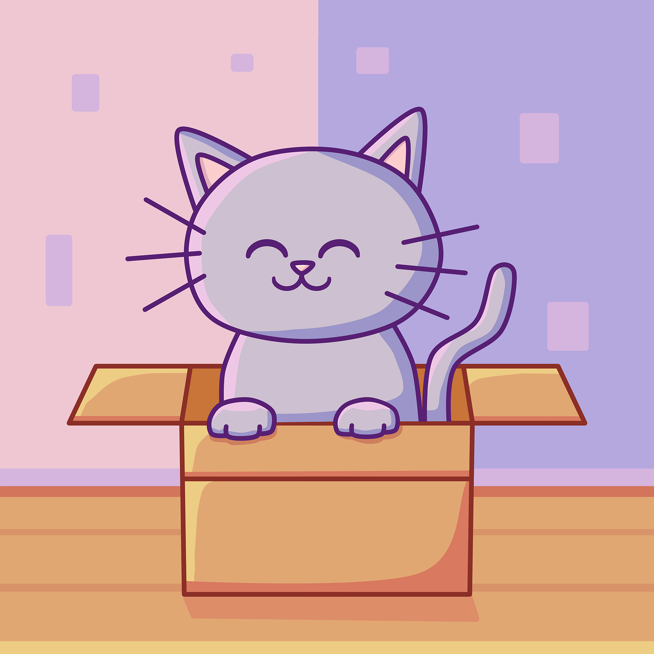 illustration of cute cat sitting inside open cardboard box