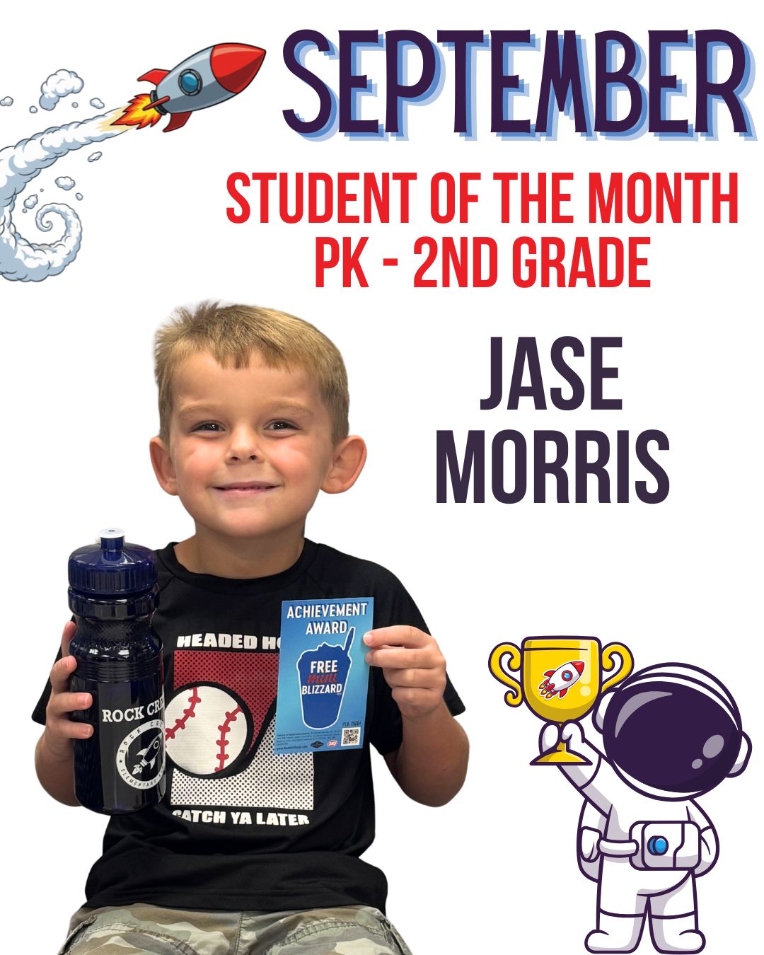 September Student of the Month for PK-2nd Grade is Jase Morris