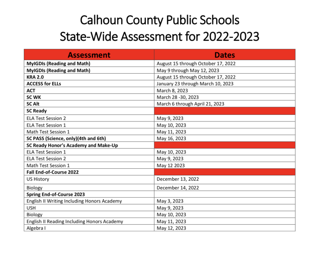 2023 District Assessment Schedule