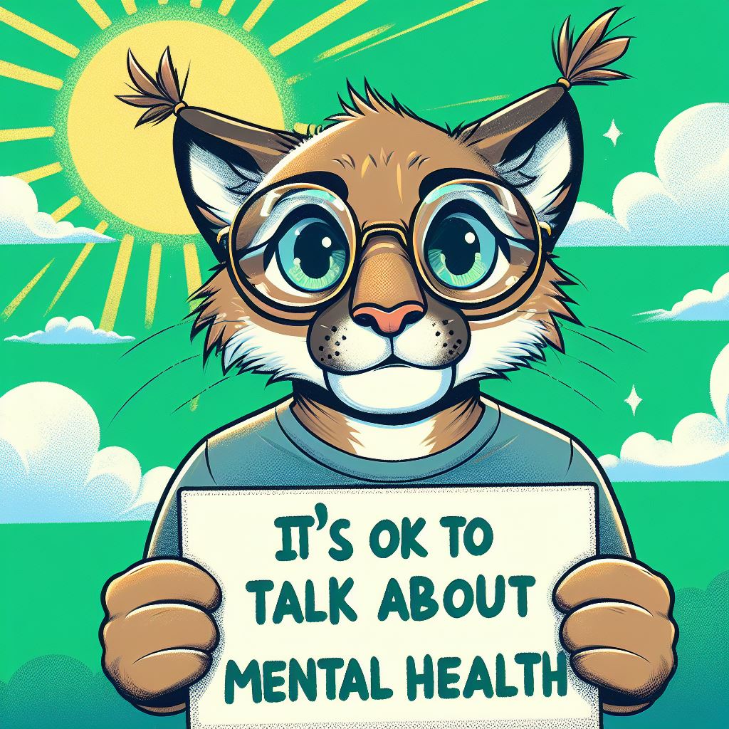 Animated Cougar holding sign that reads It's ok to talk about mental health