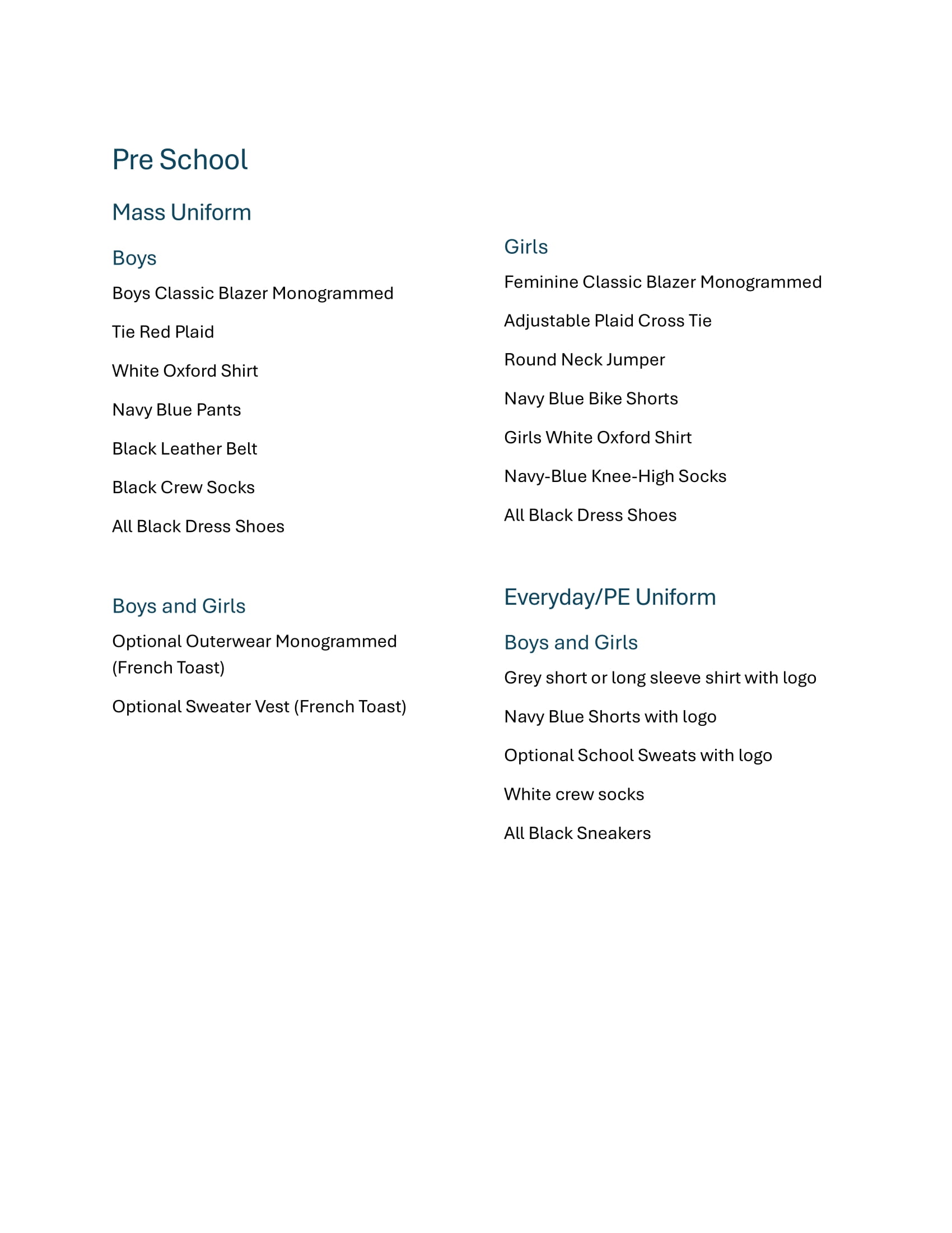 PreK Uniform List PreK Uniform List
