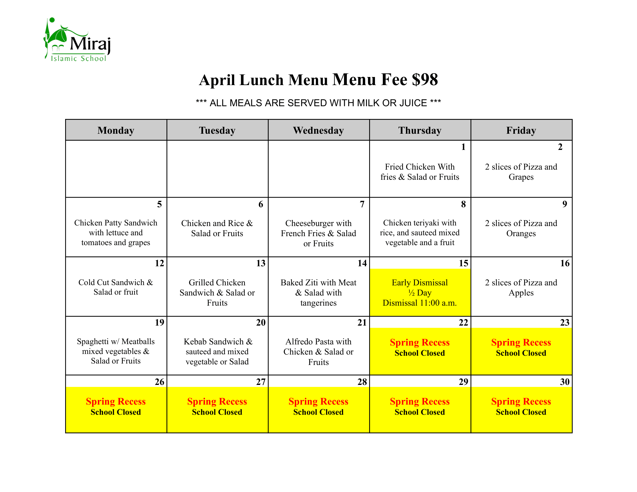 April Lunch Menu