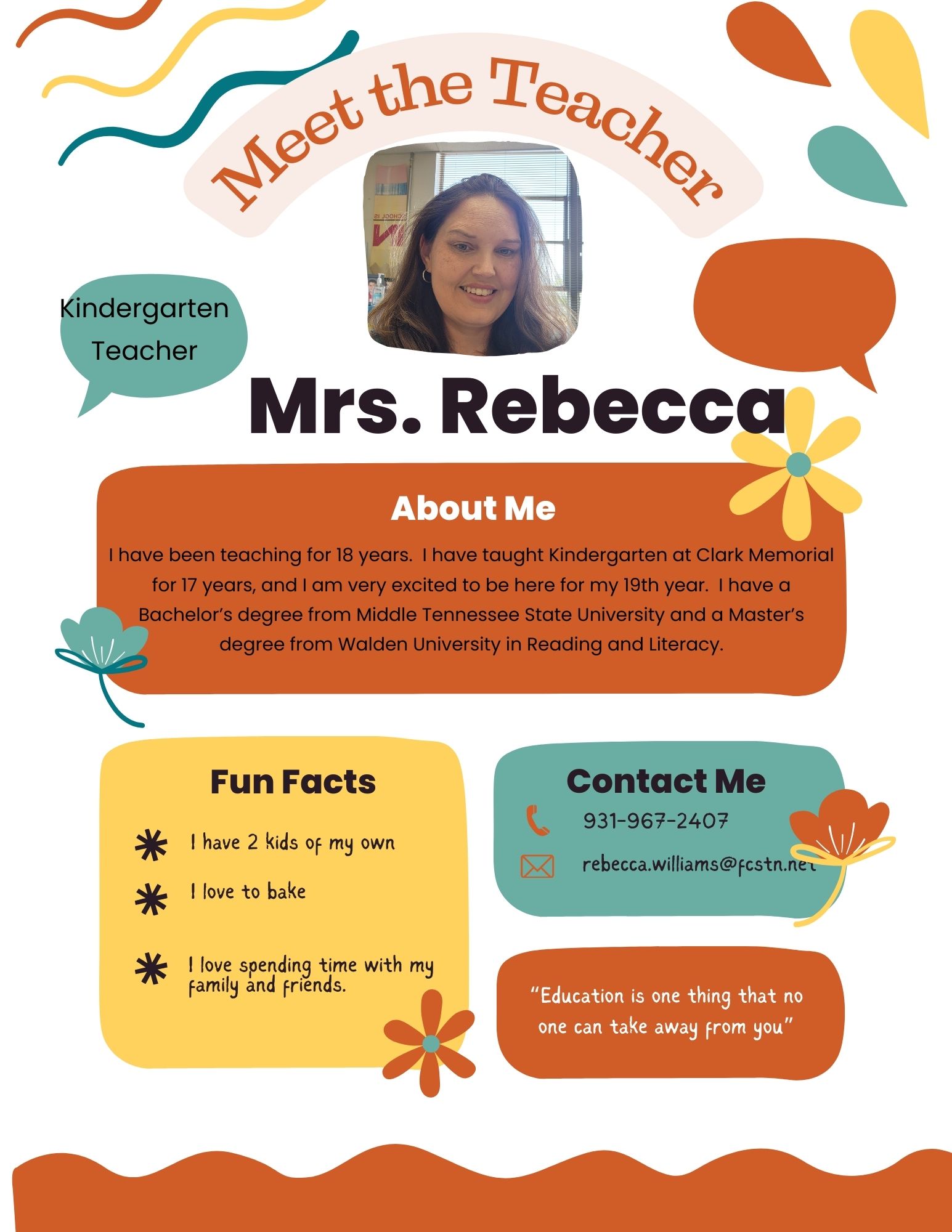 Mrs. Rebecca Williams - Kindergarten Teacher