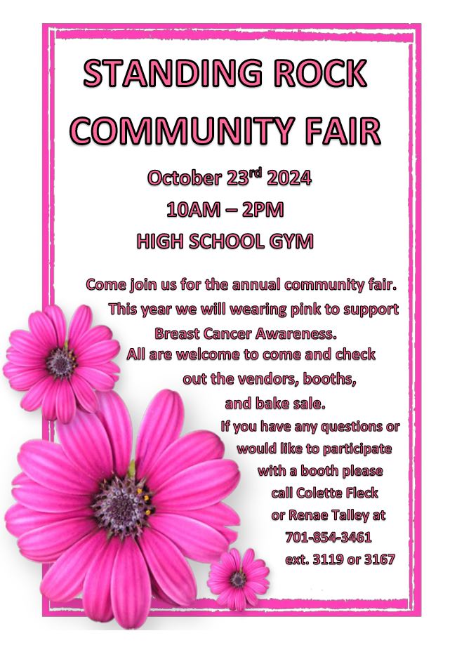 Flyer depicting Standing Rock Schools Community Fair scheduled for October 23rd 2024 from 10 am to 2 pm. 