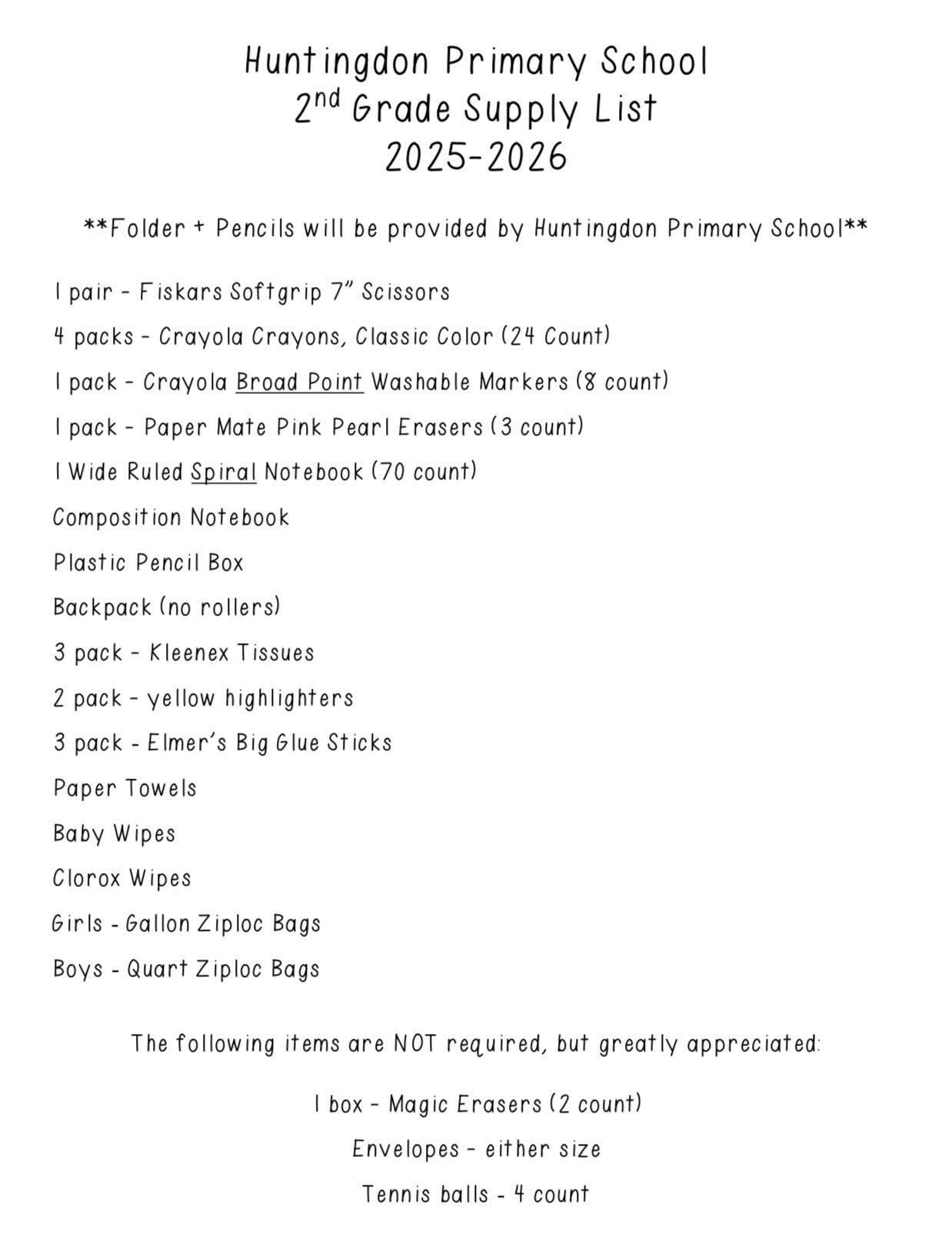 Second Grade Supply List