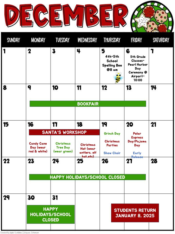 DECEMBER SCHOOL CALENDAR (ENGLISH)