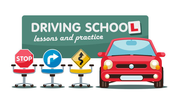 Banner with Driving school lessons and practice  banner with road sign chairs- from left to right1 stop sign 1 right turn and 1 curve "chair" a red car is pictured after the three chairs
