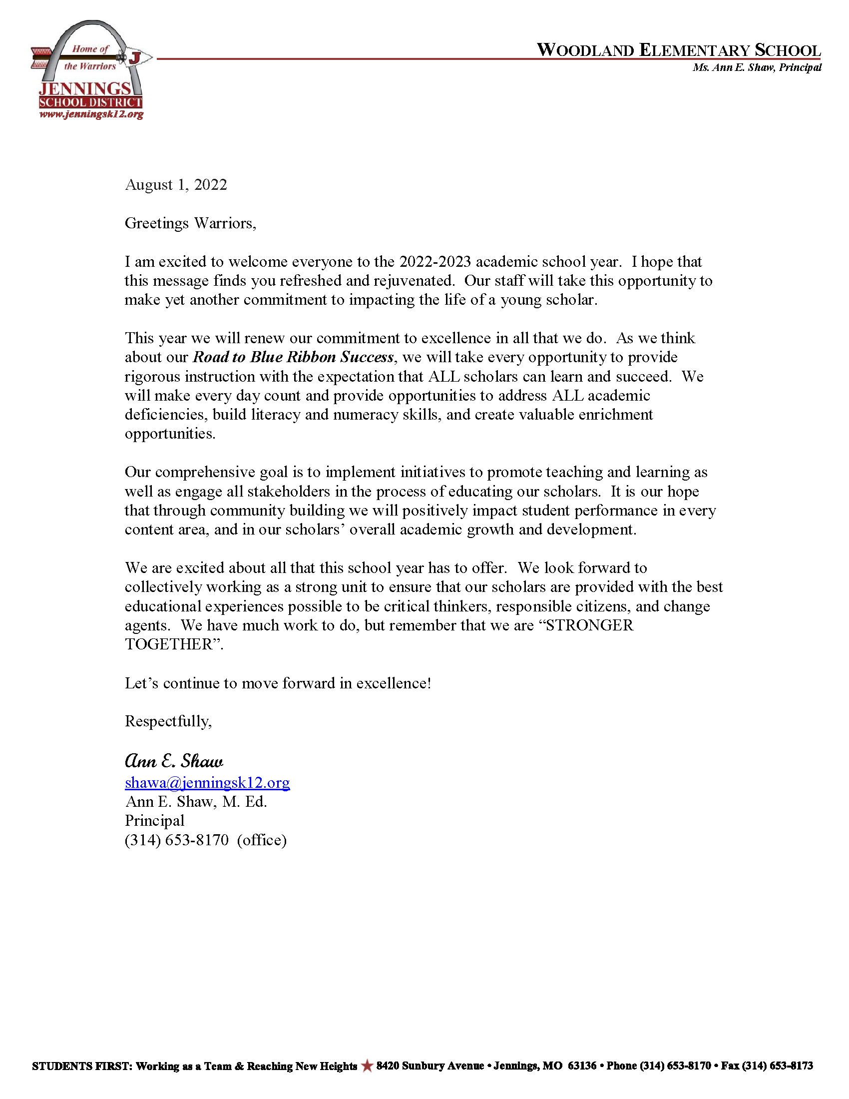 Letter from Principal Shaw welcoming families back to school