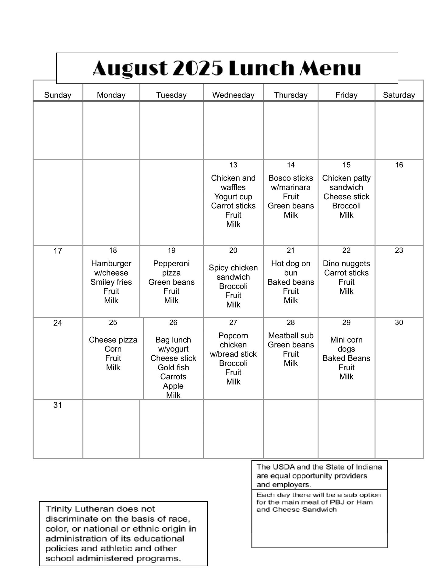 August Lunch Menu