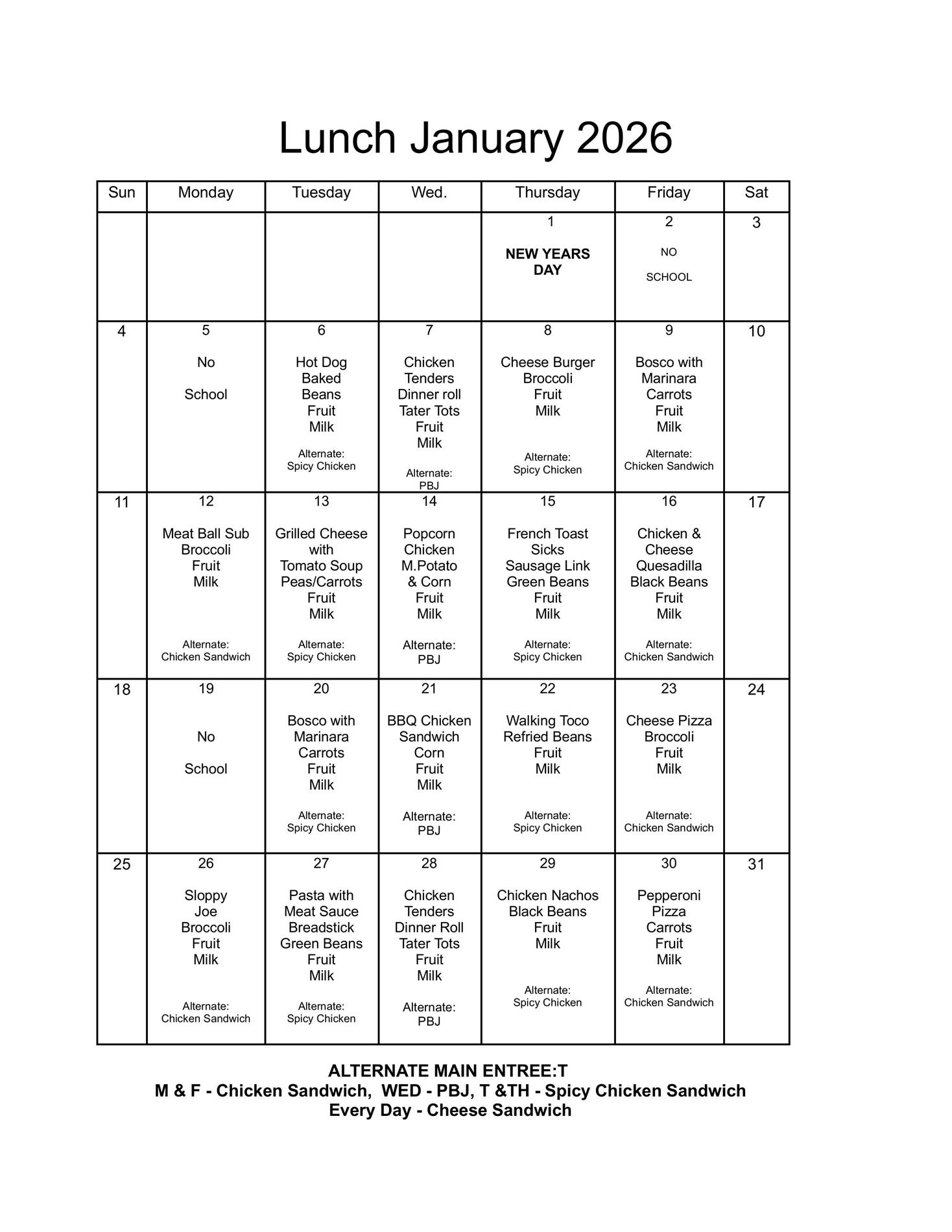 January 2026 lunch menu