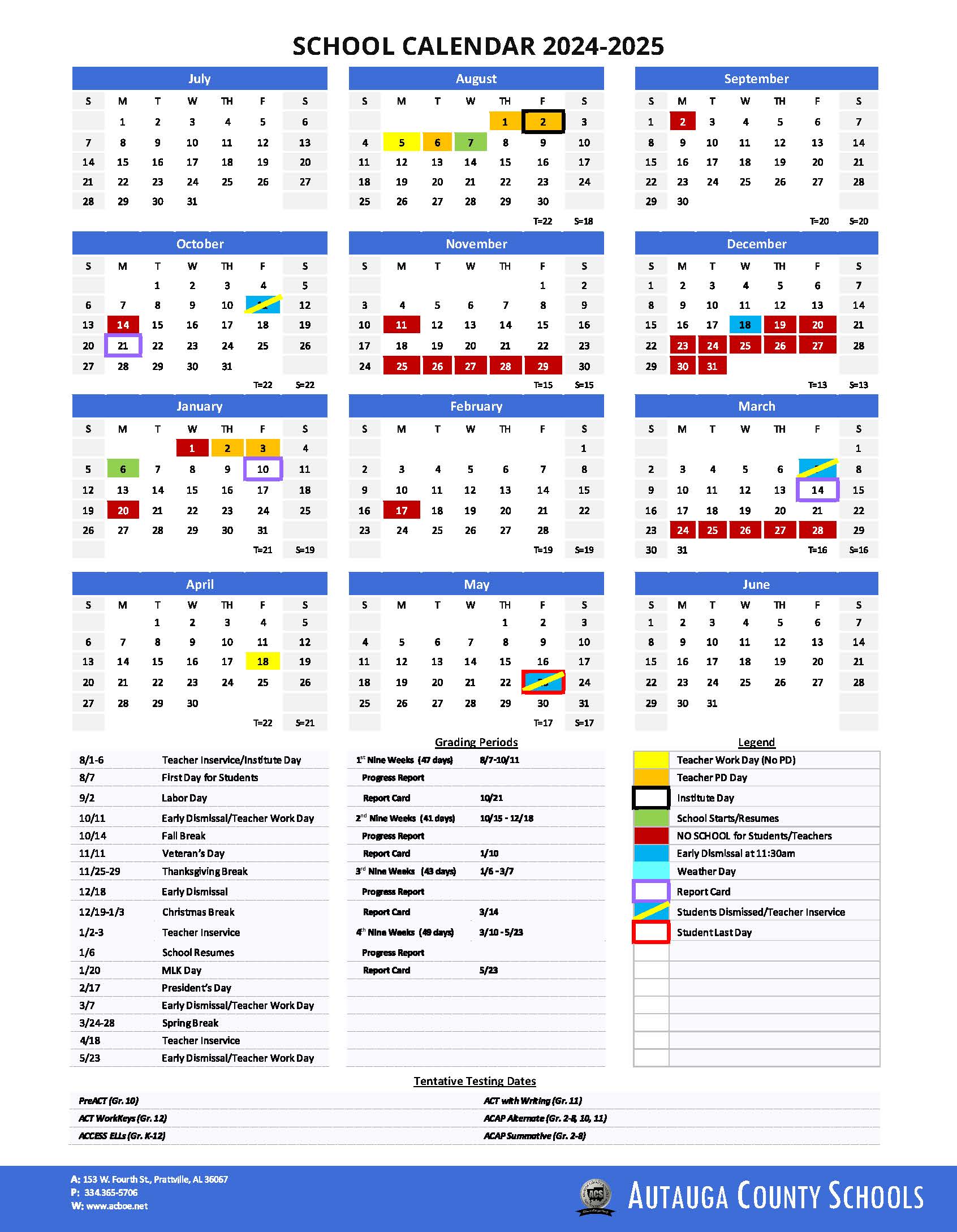 2024-2025 School Calendar as of 1/8/24