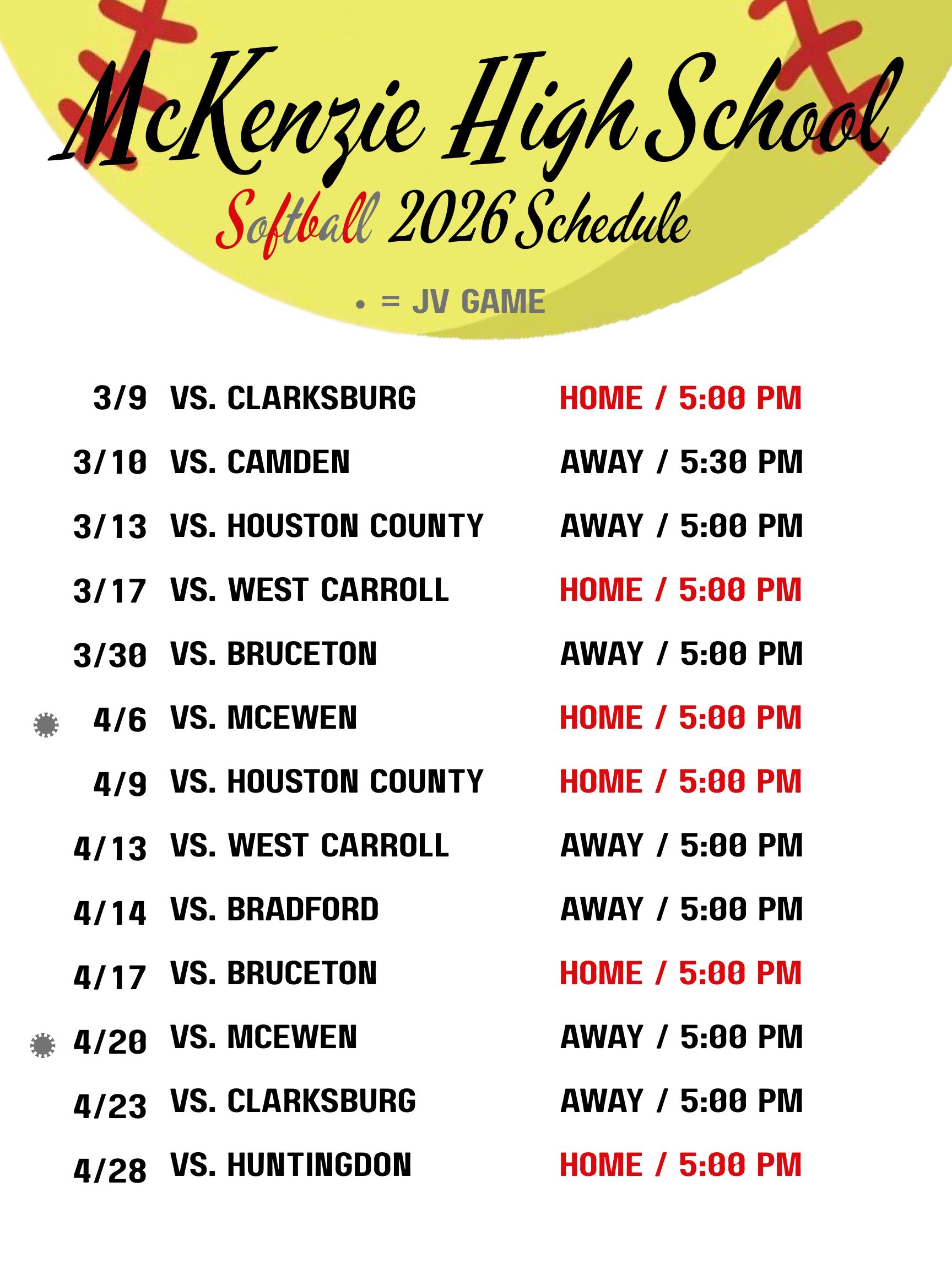 Softball Schedul3 2026