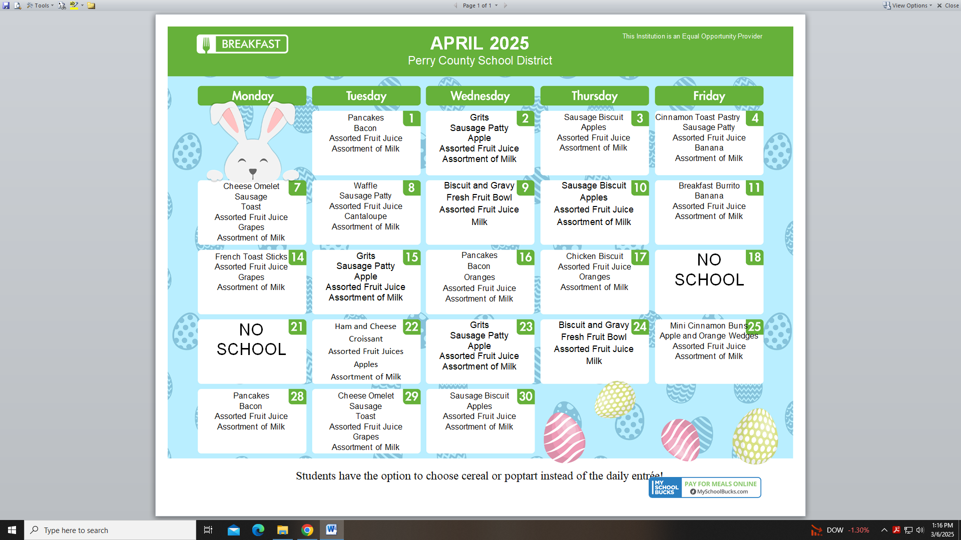 April Breakfast Menu 2025