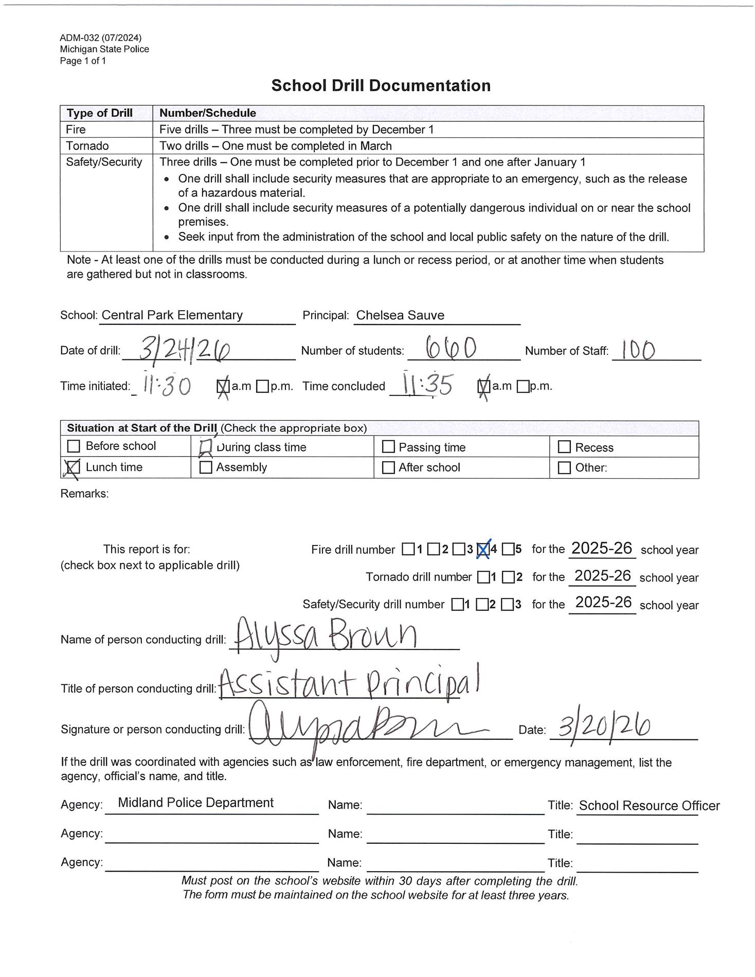 Central Park Elementary Fire Drill #4 documentation