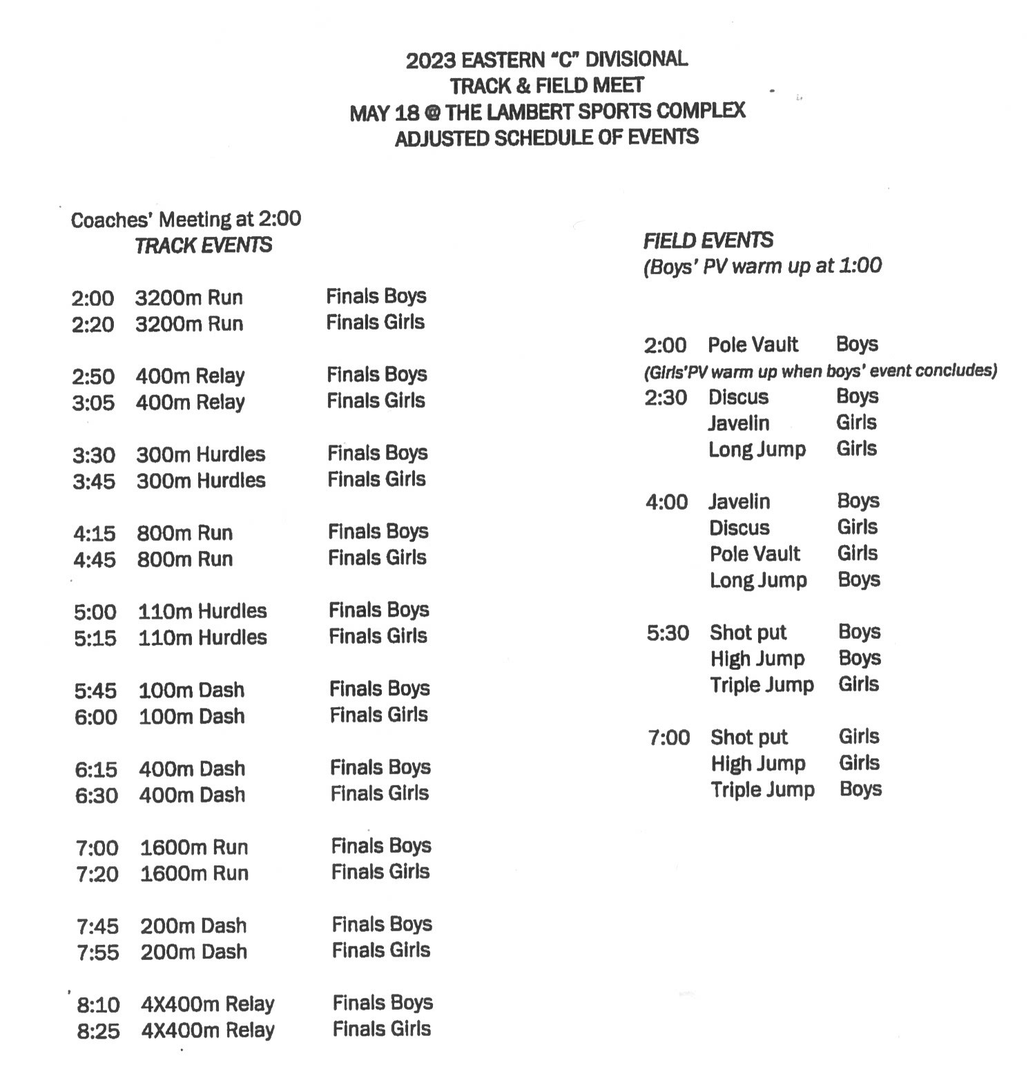 Divisional C Track & Field Schedule