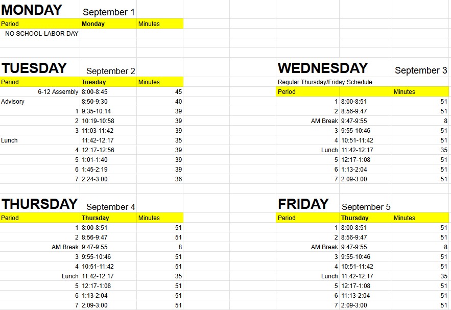 1st week bell schedule