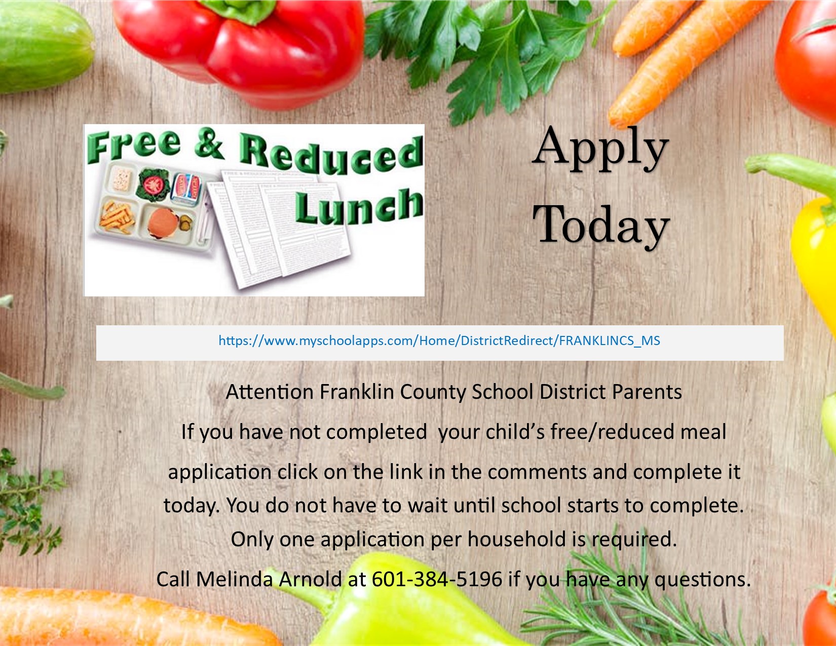 Photo with food background with link to apply for free/ reduced meals