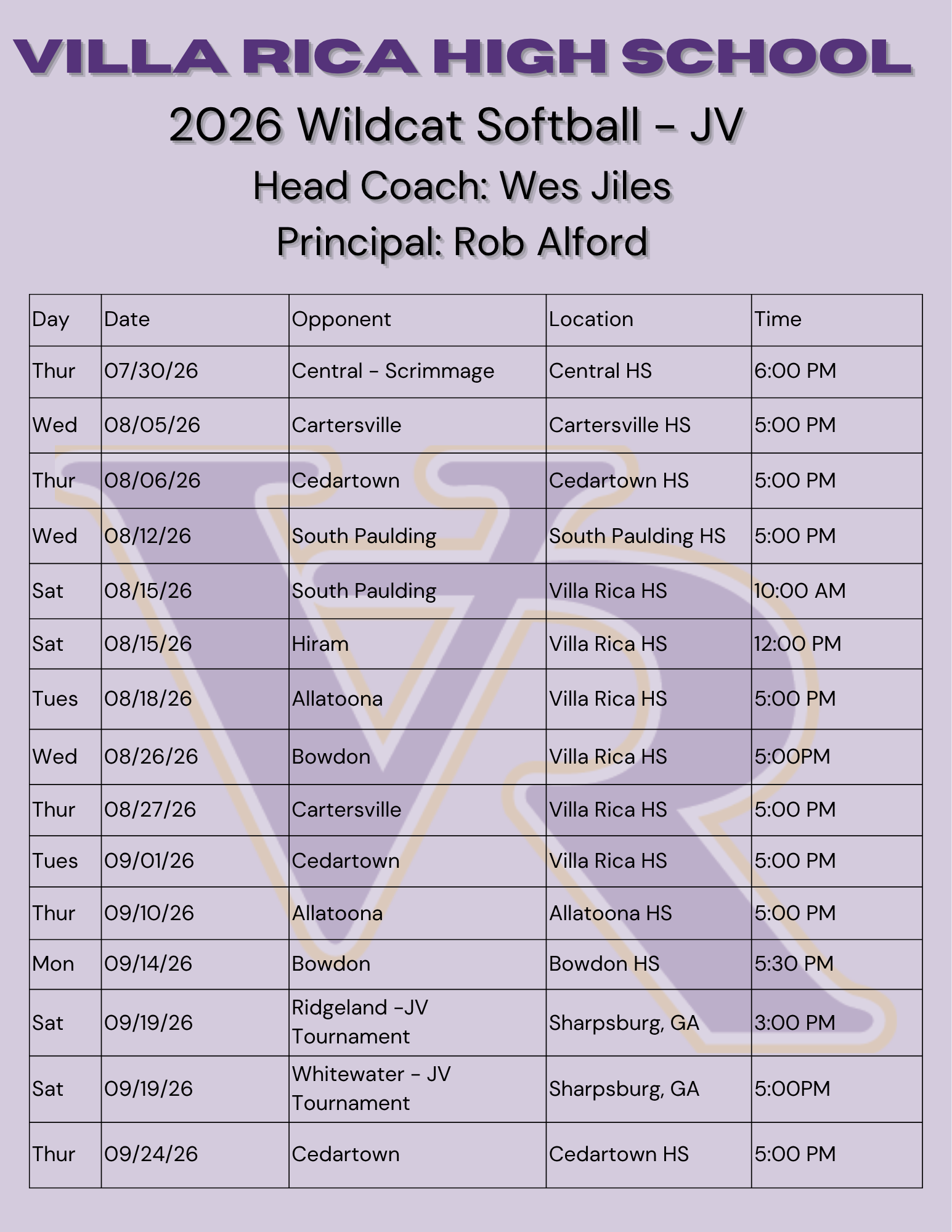 2026 JV Softball Schedule