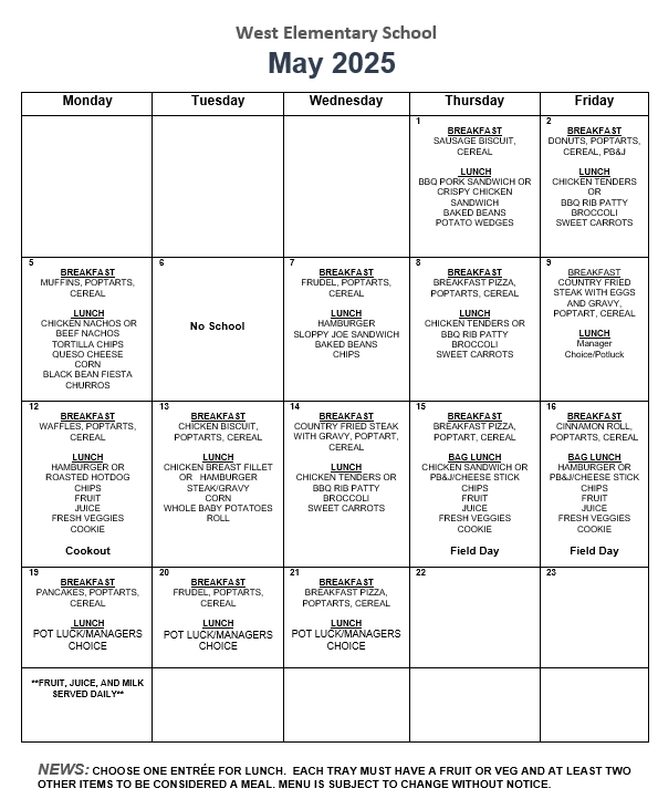 May 2025 Menu