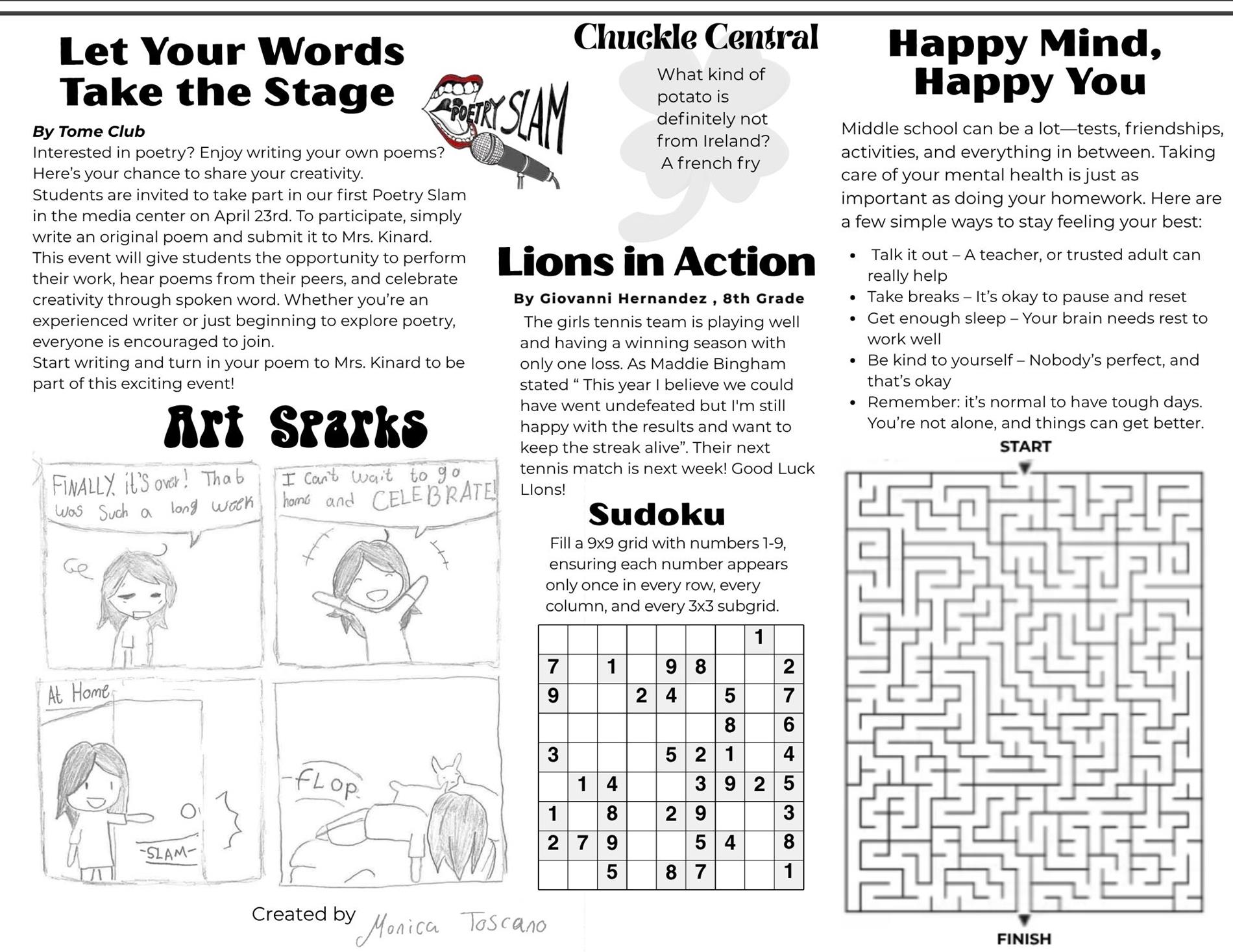 issue 2 page 2 of cms gazette.  crossword puzzle, community event, cartoon by student and book bundles available in the media center.