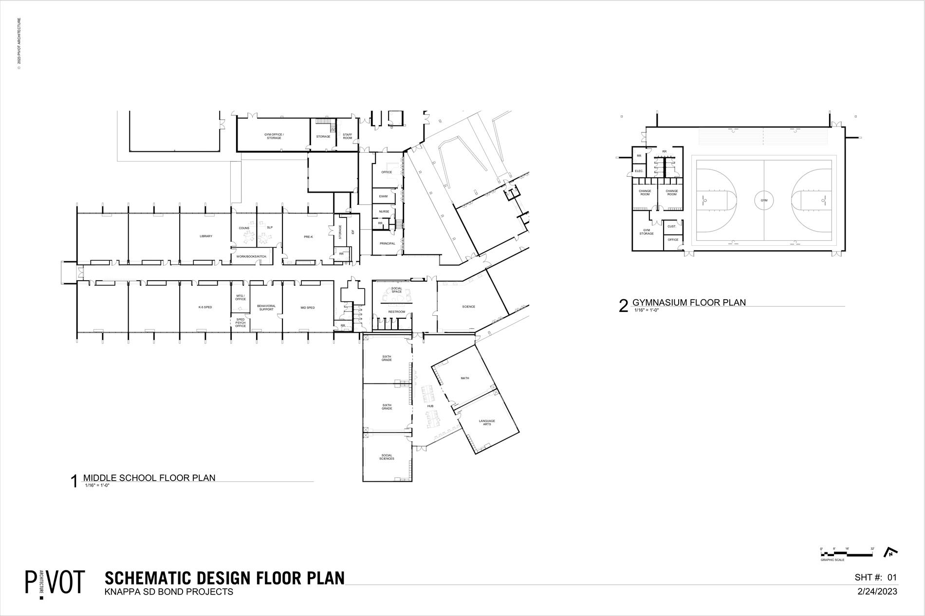 New floor plan draft schematic for the new Middle School wing and gym at Hilda Lahti Elementary