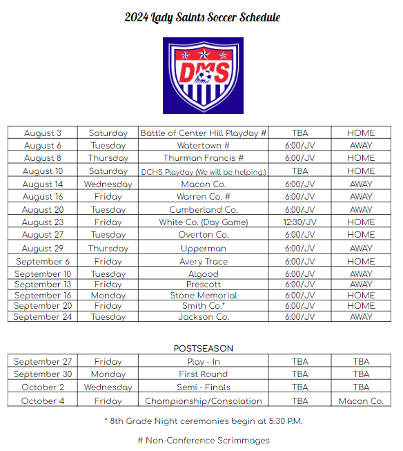 2024 Lady Saints Soccer Schedule