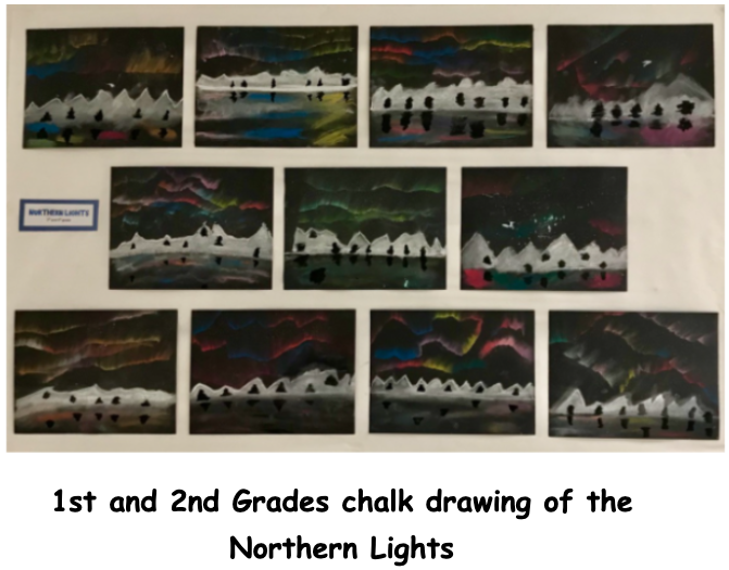 1st and 2nd grade calk drawing of the Northern Lights