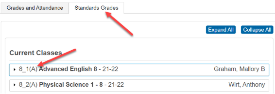 PowerSchool Standards Grades View