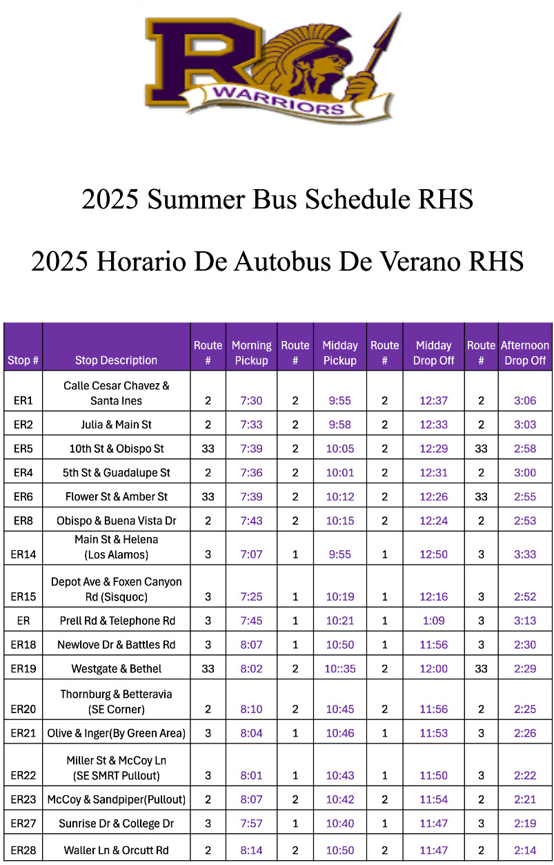 ERHS Summer School Bus Schedule