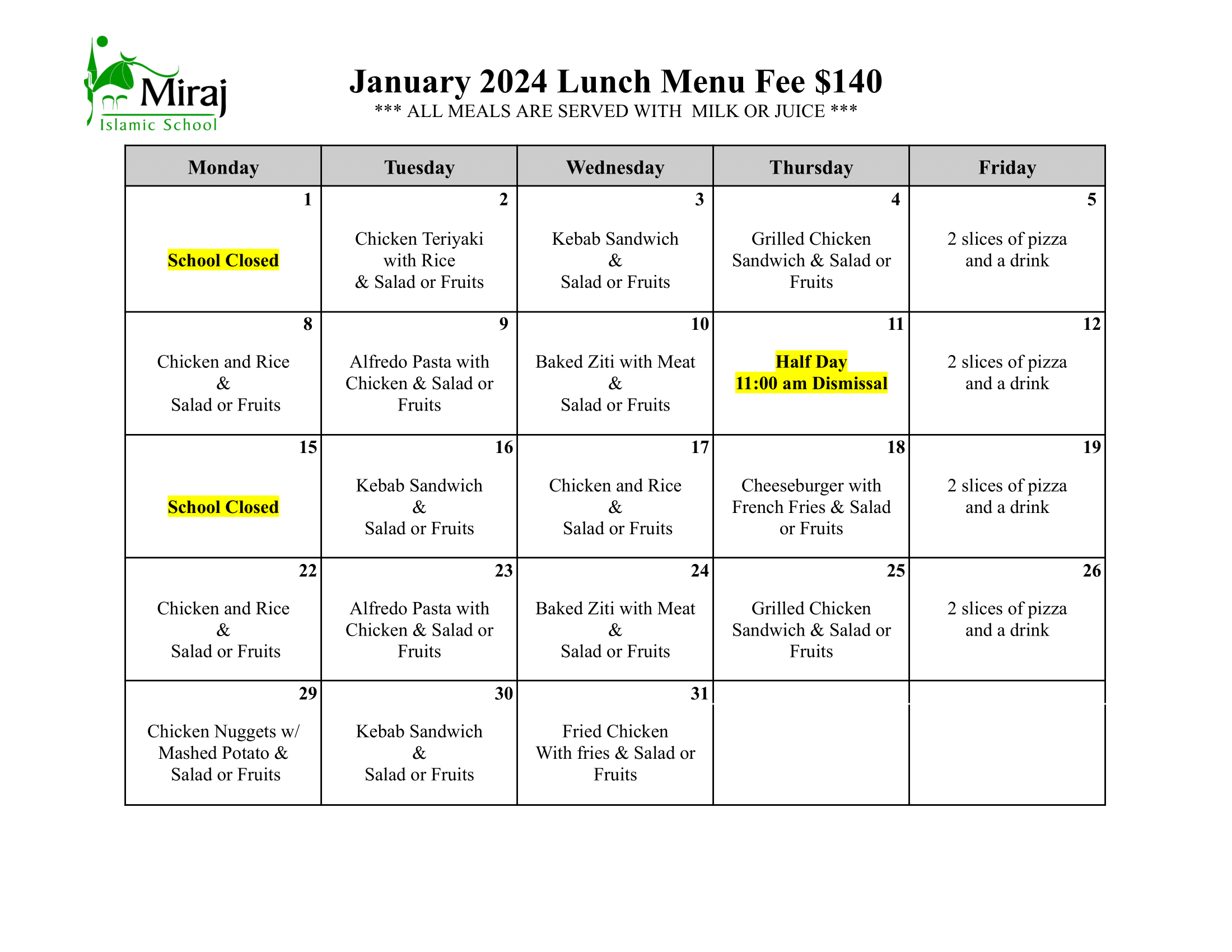 Jan 2024 Lunch Menu