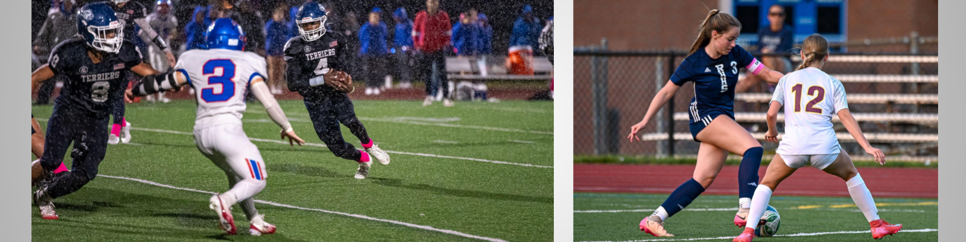 Football running back rushing and girls soccer player kicking