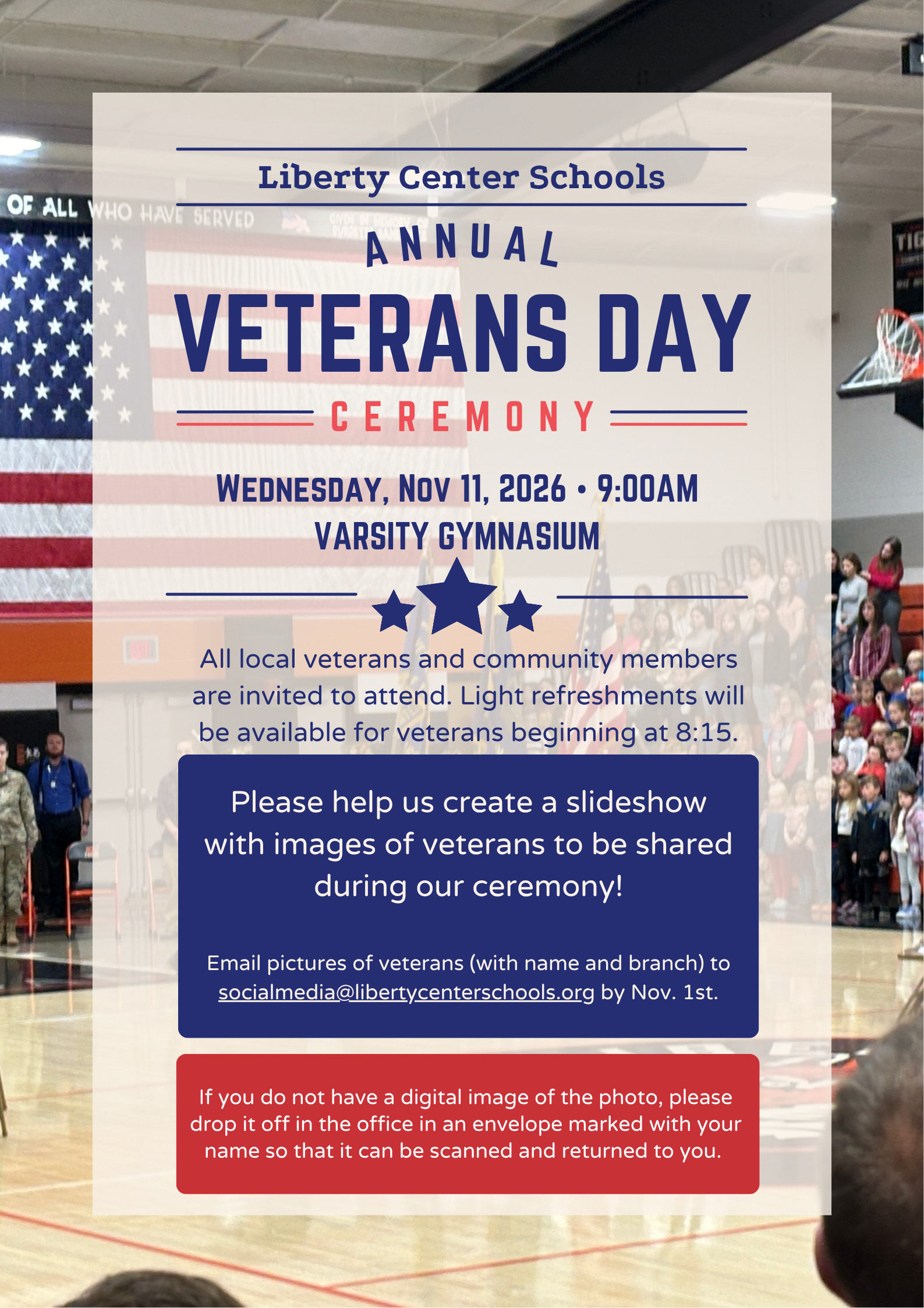 LC Schools Annual Veterans Day ceremony  Nov. 11 at 9:00 AM