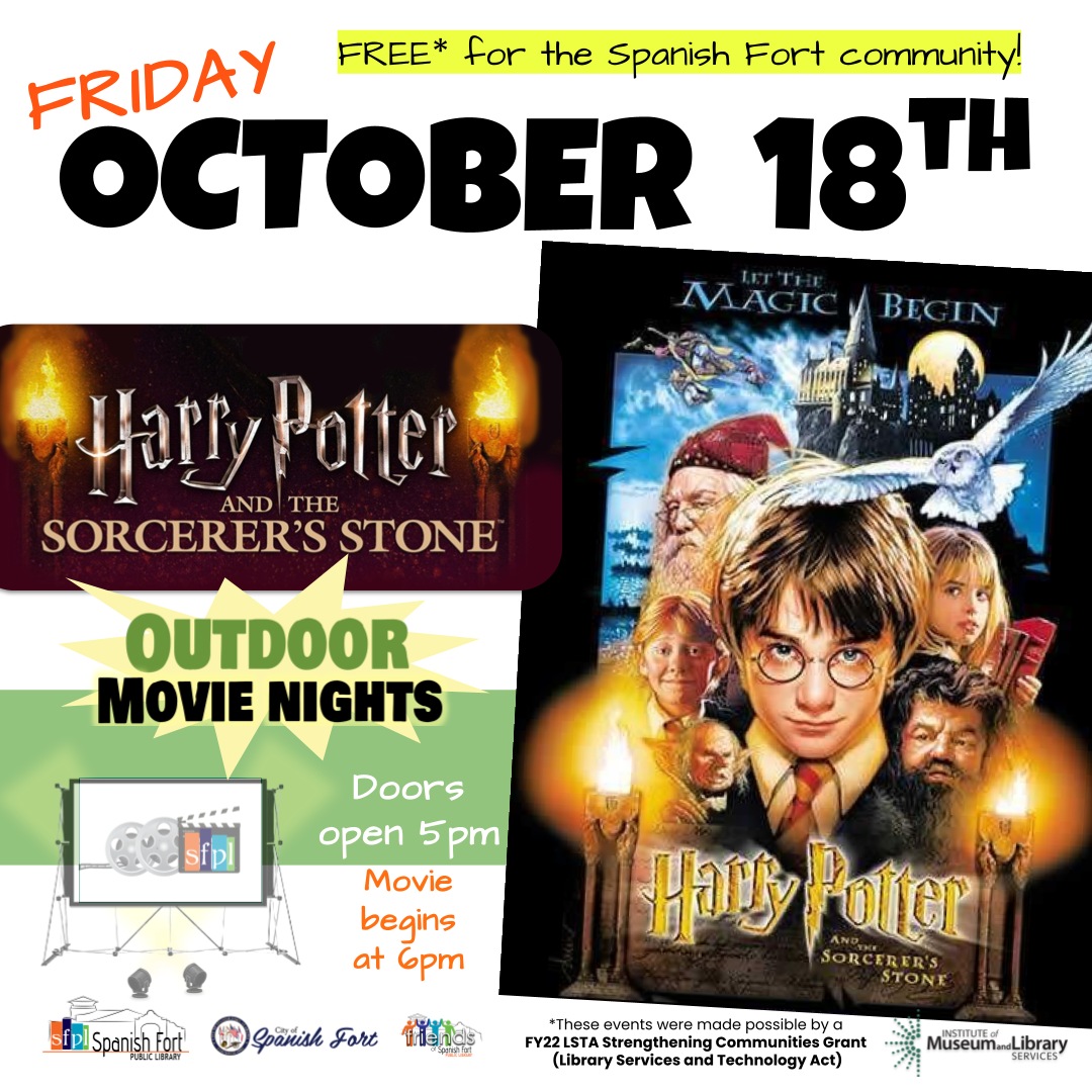 Spanish Fort Public Library and the City of Spanish Fort present Outdoor Movie Night at Spanish Fort Community Center, Friday, October 18, 2024. Movies starts at 6pm