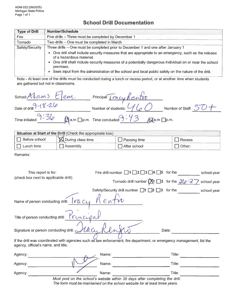 Adams Elementary tornado drill form 2026-2027