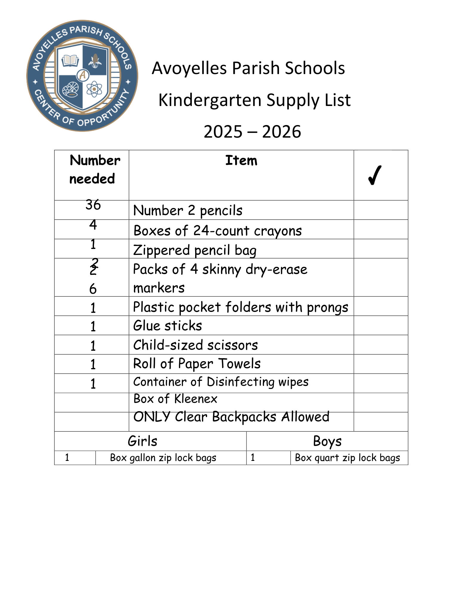Kinder garten supply list 25-26