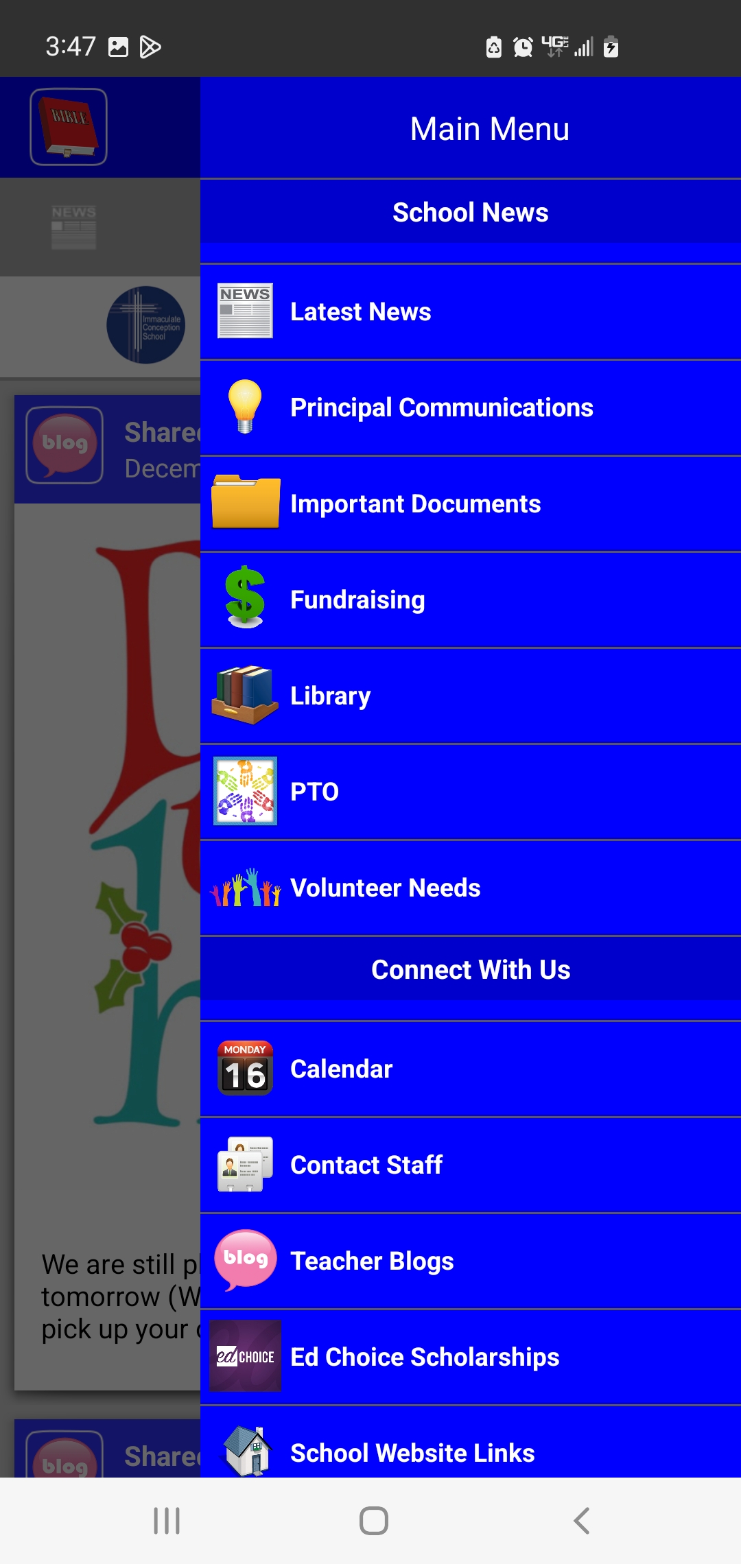screen shot of app menu
