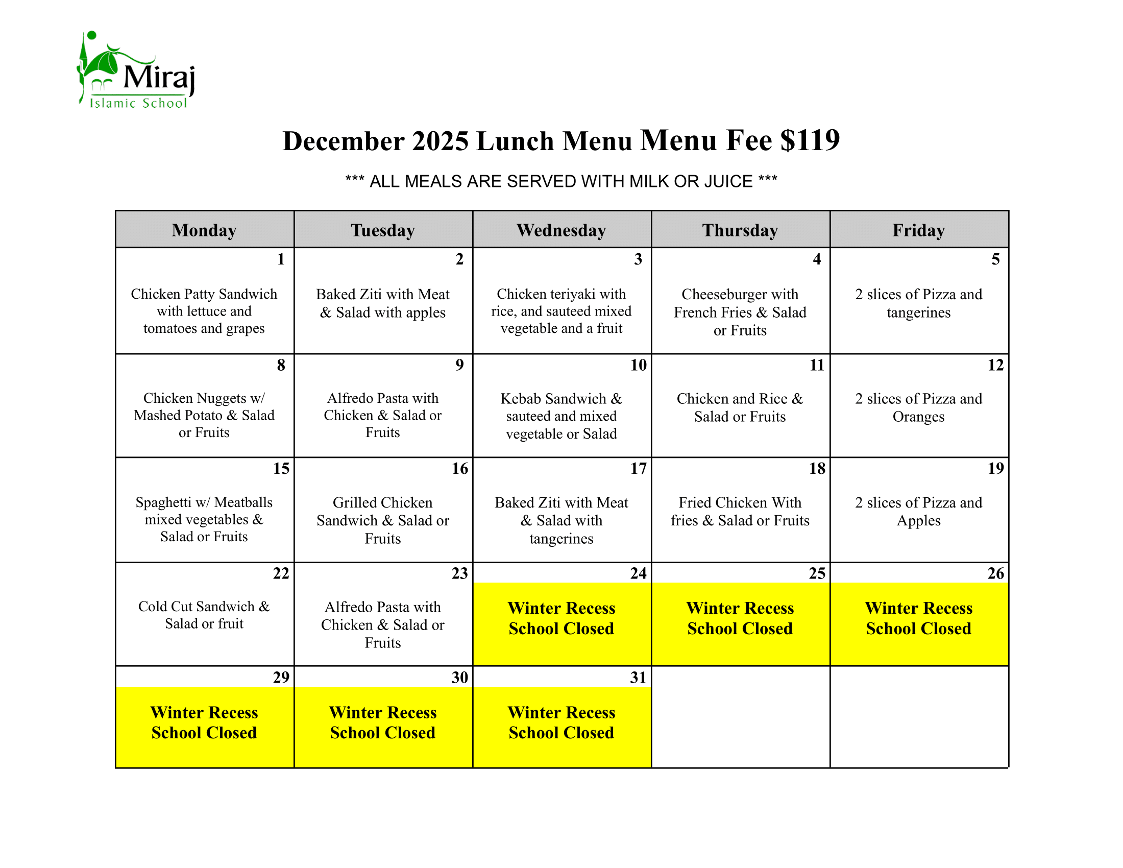 December Lunch Menu December Lunch Menu